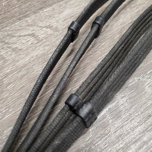 Cotton Web & Soft Leather Reins, Buckles, Finger Stoppers *vgc/gc, chewed end, clean, dirt/residue, rough edge