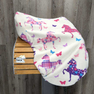 18.5" MW *5.5" Four Star Saddlery Dressage Saddle, White/Multi Print Fleece Cover, XLg Front Blocks, Wool Flocking, Flaps: 17"L x 12"W Serial #: 59341