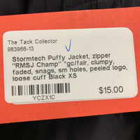 Puffy Jacket, zipper "RMSJ Champ" *gc/fair, clumpy, faded, snags, sm holes, peeled logo, loose cuff
