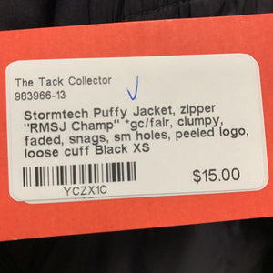 Puffy Jacket, zipper "RMSJ Champ" *gc/fair, clumpy, faded, snags, sm holes, peeled logo, loose cuff