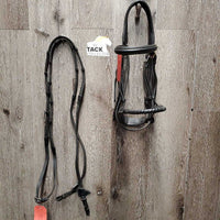 Monocrown Bridle, Leather/Rope Nose, Rubber Reins *gc, scrapes, MISmatched Cheeks - TOO WIDE, v.stiff, dry & bent reins, gunk
