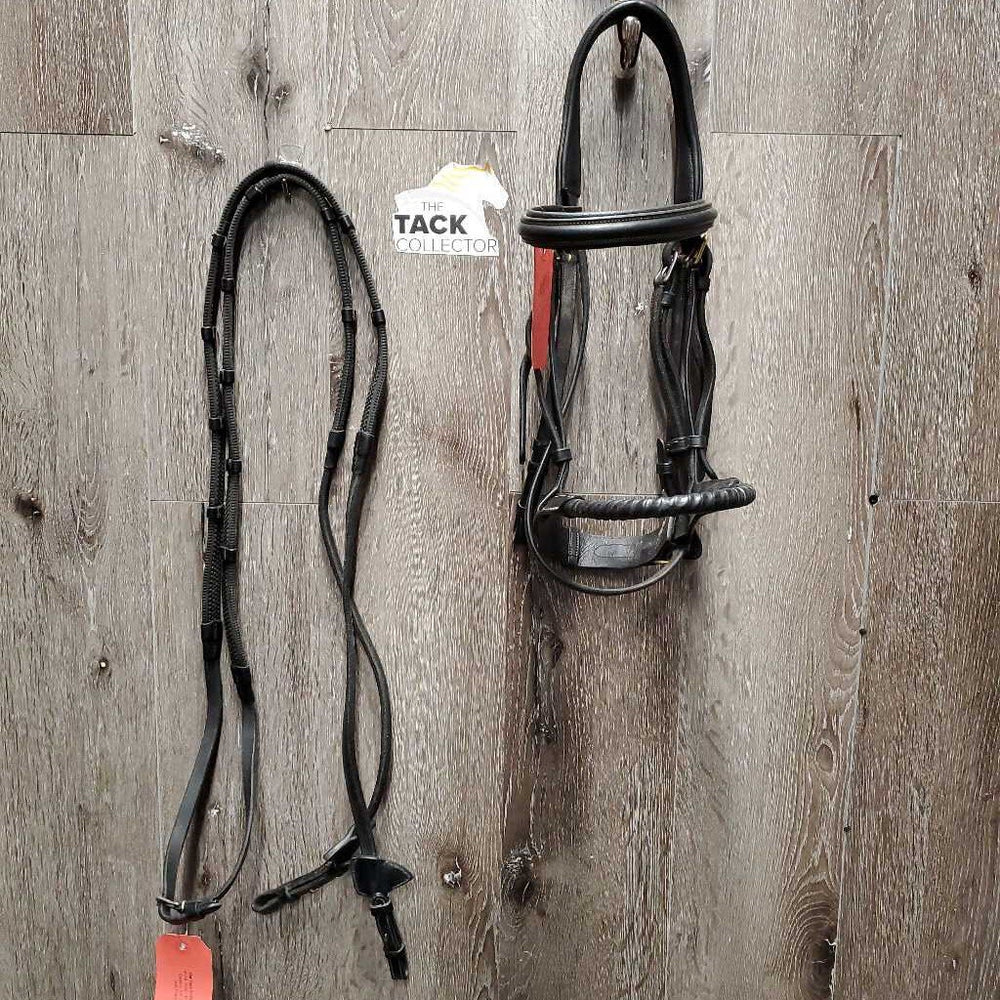 Monocrown Bridle, Leather/Rope Nose, Rubber Reins *gc, scrapes, MISmatched Cheeks - TOO WIDE, v.stiff, dry & bent reins, gunk