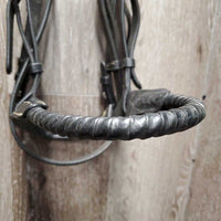 Monocrown Bridle, Leather/Rope Nose, Rubber Reins *gc, scrapes, MISmatched Cheeks - TOO WIDE, v.stiff, dry & bent reins, gunk
