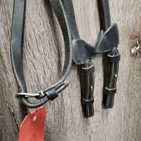 Monocrown Bridle, Leather/Rope Nose, Rubber Reins *gc, scrapes, MISmatched Cheeks - TOO WIDE, v.stiff, dry & bent reins, gunk
