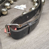 24 Hvy Jingle Bells: thick Heavy Leather, center straps *gc, scratches, rubs, mnr dirt/dust, scraped edges, stains, bent bells
