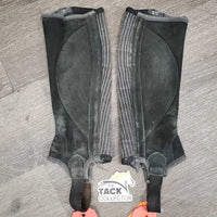 JUNIORS Suede Half Chaps *gc/fair, threads, rubs, faded, cobwebs, pilly/frayed edges
