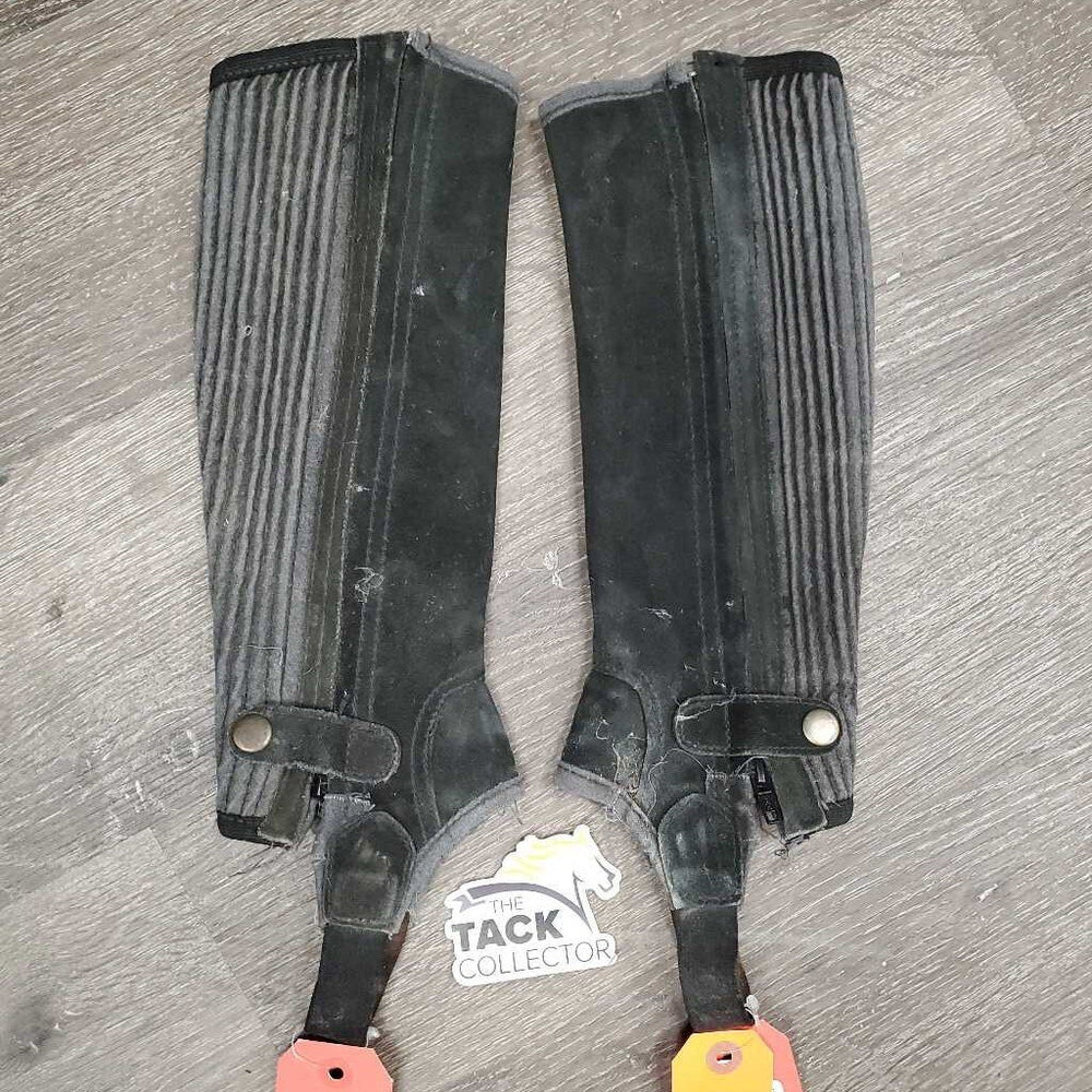 JUNIORS Suede Half Chaps *gc/fair, threads, rubs, faded, cobwebs, pilly/frayed edges