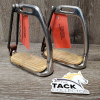 Pr Peacock Stirrup Irons, grips, elastic, leather tabs *vgc/gc, clean, older, v.cracked rubbers, discolored & cracking grips
