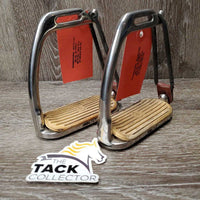 Pr Peacock Stirrup Irons, grips, elastic, leather tabs *vgc/gc, clean, older, v.cracked rubbers, discolored & cracking grips
