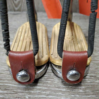 Pr Peacock Stirrup Irons, grips, elastic, leather tabs *vgc/gc, clean, older, v.cracked rubbers, discolored & cracking grips
