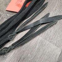 Narrow Braided Nylon Western Split Reins, Snaps, Conway Buckles, leather flappers *vgc, mnr hair, dirt & rubs, clean, frayed edges, oxidized
