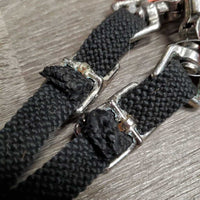 Narrow Braided Nylon Western Split Reins, Snaps, Conway Buckles, leather flappers *vgc, mnr hair, dirt & rubs, clean, frayed edges, oxidized
