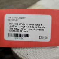 1.5" Flat Wide Cotton Web & Leather Lunge Line, loop handle *like new, older, mnr dirt/stains
