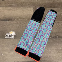 2 Tall Nylon & Thick Cotton Foot Riding Socks "Horse Shoes" *gc, clean, rubs, pilly, faded, No spare
