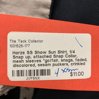 SS Show Sun Shirt, 1/4 Snap up, attached Snap Collar, mesh sleeves *gc/fair, snags, faded, discolored, sesam puckers, crinkled collar, pulled seams
