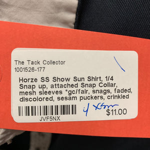 SS Show Sun Shirt, 1/4 Snap up, attached Snap Collar, mesh sleeves *gc/fair, snags, faded, discolored, sesam puckers, crinkled collar, pulled seams