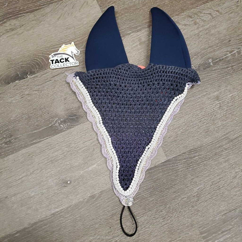 Soundproof Ears: Long Crochet Fly Veil Ear Bonnet, piping, pearls, bling, noseband elastic *xc, clean, rubs, mnr faded?