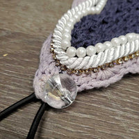 Soundproof Ears: Long Crochet Fly Veil Ear Bonnet, piping, pearls, bling, noseband elastic *xc, clean, rubs, mnr faded?
