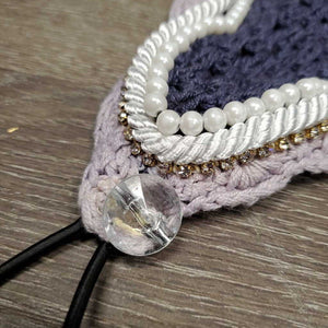 Soundproof Ears: Long Crochet Fly Veil Ear Bonnet, piping, pearls, bling, noseband elastic *xc, clean, rubs, mnr faded?