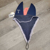 Soundproof Ears: Long Crochet Fly Veil Ear Bonnet, piping, pearls, bling, noseband elastic *xc, clean, rubs, mnr faded?
