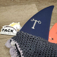 Soundproof Ears: Long Crochet Fly Veil Ear Bonnet, piping, pearls, bling, noseband elastic *xc, clean, rubs, mnr faded?
