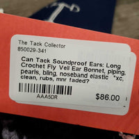 Soundproof Ears: Long Crochet Fly Veil Ear Bonnet, piping, pearls, bling, noseband elastic *xc, clean, rubs, mnr faded?