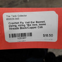 Crochet Fly Veil Ear Bonnet, piping, string *like new, loose threads
