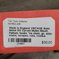 VINTAGE Solid Nickel SS Curved Mullen Mouth Pelham, hooks *no chain, gc, older, stains, scrapes, rubs, residue
