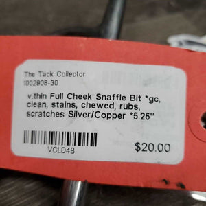 v.thin Full Cheek Snaffle Bit *gc, clean, stains, chewed, rubs, scratches