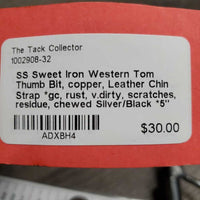 SS Sweet Iron Western Tom Thumb Bit, copper, Leather Chin Strap *gc, rust, v.dirty, scratches, residue, chewed
