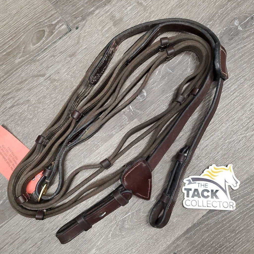 Hvy Double Cotton Web Reins, finger stoppers *gc/vgc, dirty, film, older, stiff, twist