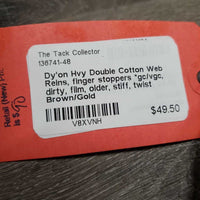Hvy Double Cotton Web Reins, finger stoppers *gc/vgc, dirty, film, older, stiff, twist