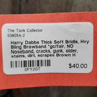 Thick Soft Bridle, Hvy Bling Browband *gc/fair, NO Noseband, cracks, gunk, older, stains, dirt, scrapes
