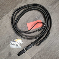 Rubber Lined Reins, finger stoppers, buckles *fair, cracking, v.dry, v.stiff, peeling, dirt, residue, edges: rubs, threads & thin spots
