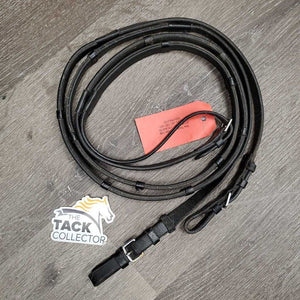 Rubber Lined Reins, finger stoppers, buckles *fair, cracking, v.dry, v.stiff, peeling, dirt, residue, edges: rubs, threads & thin spots