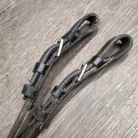 Rubber Lined Reins, finger stoppers, buckles *fair, cracking, v.dry, v.stiff, peeling, dirt, residue, edges: rubs, threads & thin spots
