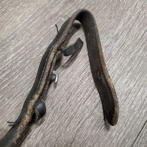 Leather Reins, finger stoppers *fair, keepers: broken & missing, dry, stiff, scrapes, threads, rubs, chewed, loose hooks