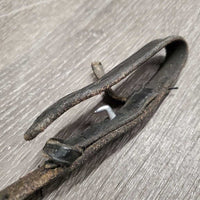 Leather Reins, finger stoppers *fair, keepers: broken & missing, dry, stiff, scrapes, threads, rubs, chewed, loose hooks
