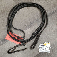 Leather Reins, finger stoppers *fair, keepers: broken & missing, dry, stiff, scrapes, threads, rubs, chewed, loose hooks
