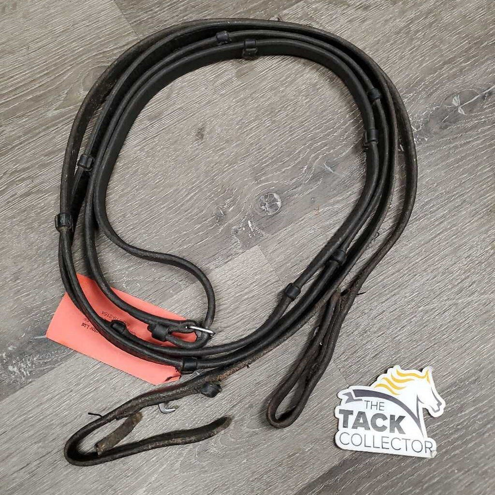Leather Reins, finger stoppers *fair, keepers: broken & missing, dry, stiff, scrapes, threads, rubs, chewed, loose hooks