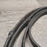 Leather Reins, finger stoppers *fair, keepers: broken & missing, dry, stiff, scrapes, threads, rubs, chewed, loose hooks
