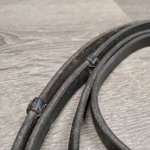 Leather Reins, finger stoppers *fair, keepers: broken & missing, dry, stiff, scrapes, threads, rubs, chewed, loose hooks
