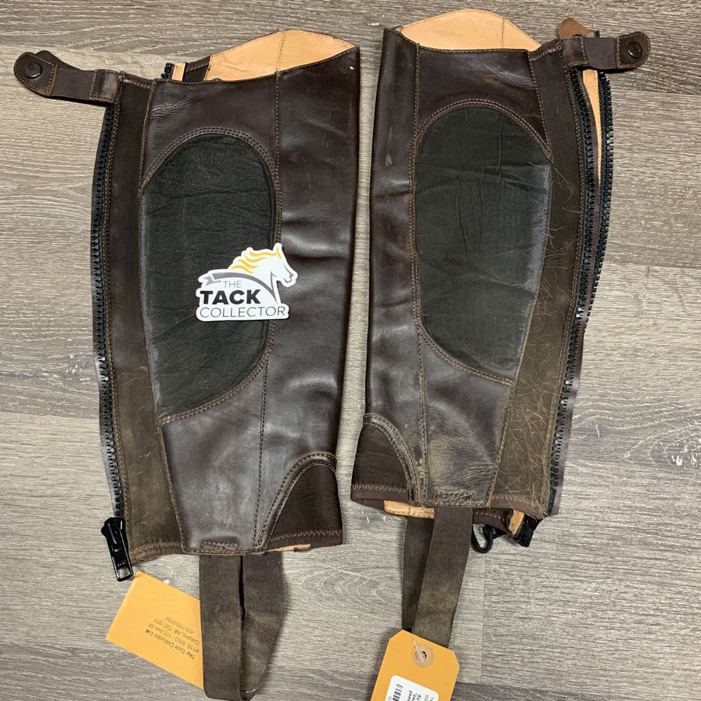 Synthetic Half Chaps, Back Zips *peeling lining, dirt, gc/fair, rubs, peeled edges