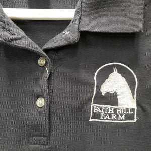 SS Polo Shirt, 1/4 Button Up "Faith Hill" *gc, faded, hairy, puckered embroidery