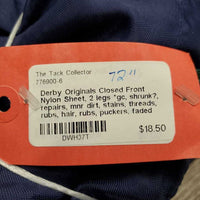 Closed Front Nylon Sheet, 2 legs *gc, shrunk?, repairs, mnr dirt, stains, threads, rubs, hair, rubs, puckers, faded