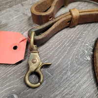 Rolled Leather Loop Roper Rein, 1 snap, 2 conways *gc/fair, rubs, cracks, twist, stains, dry, stiff
