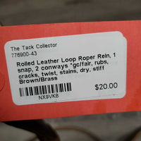 Rolled Leather Loop Roper Rein, 1 snap, 2 conways *gc/fair, rubs, cracks, twist, stains, dry, stiff
