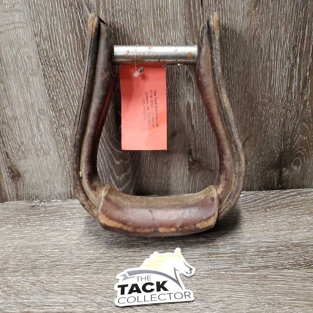 1 ONLY Leather Wrapped Western Stirrup, engraved silver *gc, dirt, stains, scratches, rubs, rust