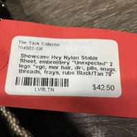Hvy Nylon Stable Sheet, embroidery "Unexpected" 2 legs *vgc, mnr hair, dirt, pills, snags, threads, frays, rubs
