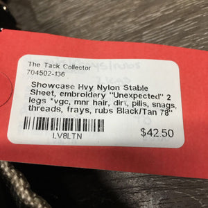Hvy Nylon Stable Sheet, embroidery "Unexpected" 2 legs *vgc, mnr hair, dirt, pills, snags, threads, frays, rubs
